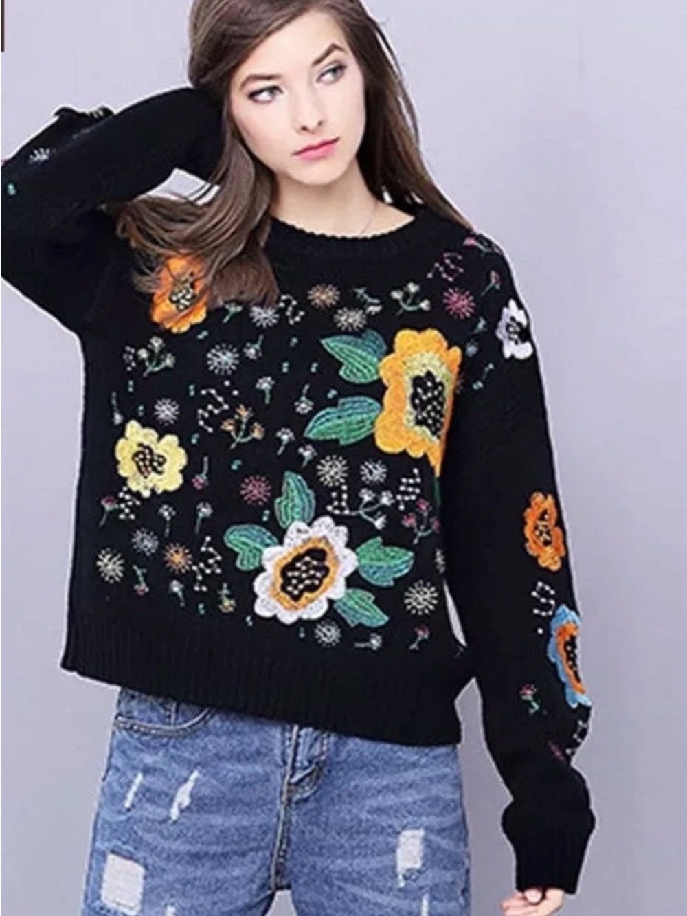 Anthropologie Black Crewneck Sweater with Multicolor Floral Embroidery - sz M/L